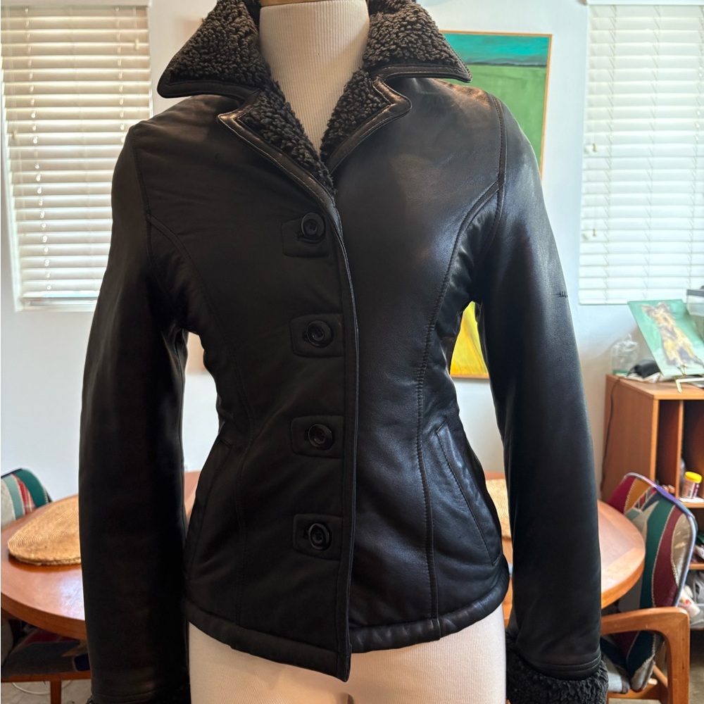 Women's Black Leather Jacket with Shearling Collar